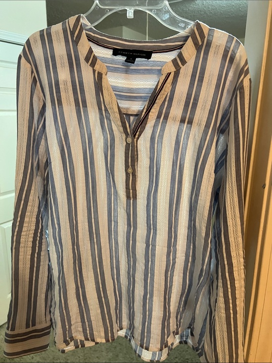 Tommy Hilfiger Tops - Tommy Hilfiger Blue and Cream Vertical Stripe Casual Button-Down